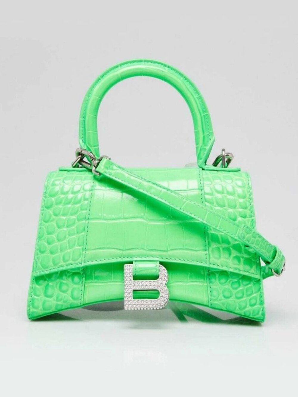Balenciaga Bright Green Croc Embossed Leather Hourglass Crystal XS Top Handle...